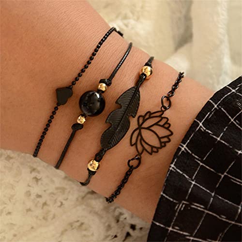 Sttiafay 4Pcs Anklet Bracelet For Women Black Leaf Bead Braided Cord Anklet Dainty Hollow Lotus Heart Ankle Chain Summer Beach Foot Jewelry For Teen Girls #TOP1