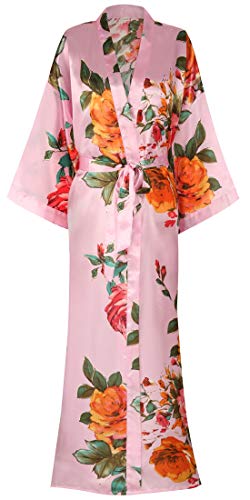 Image of goodmansam Women's Long Floral Satin Kimono Robes Bridal Dressing Gown Wedding Bridesmaid Nightgown