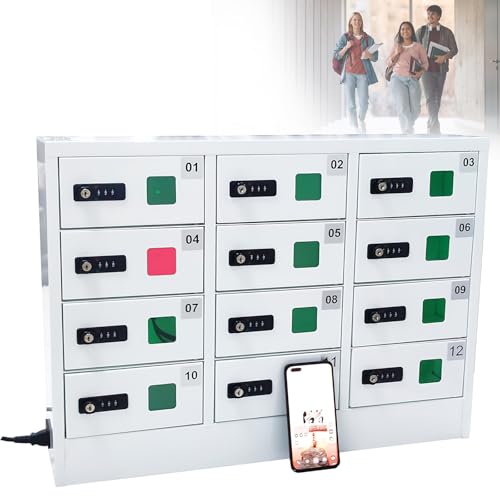 SHAHRYAR 12 Cell Phone Locker,Charging and Storage 2 in 1 Bays Cell Mobile Phone Steel Locker,with 3-in-1 Cables Dual Unlock Methods,for Classroom Conference Office