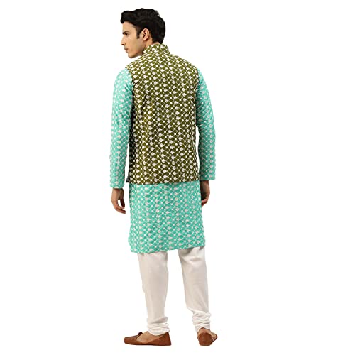 Image of SOJANYA (Since 1958 Men's Silk Blend Light Green Kurta & Nehrujacket with White Pyjama Combo