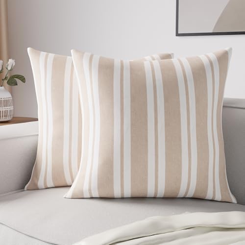 Encasa XO Taie d'oreiller 2 Pièces (40x40 cm) - Rayures Franca Beige - Couvre Oreiller Square Uncolored en Toile de Coton Doux Coloré Décoratif pour la...