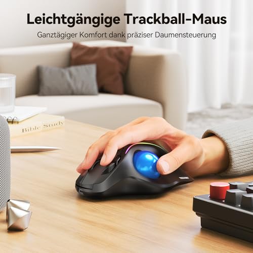 TECKNET Kabellose Trackball-Maus, Ergonomische Maus mit Bluetooth und verschlüsseltem Dongle, 6 Tasten,3 Geräte Verbindung, RGB-Beleuchtung, für PC/Mac