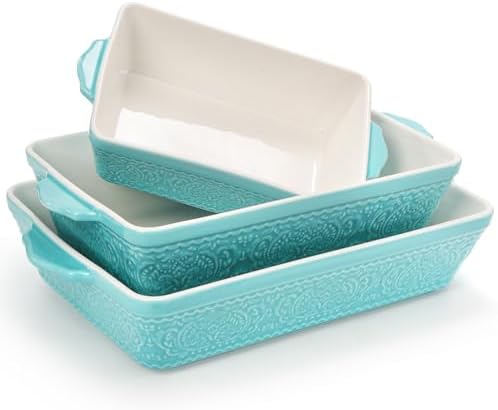 SOUJOY Ceramic Baking Dish Set of 3, Oven-to-Table and Non-Stick Rectangular Casserole Dishes with Sturdy Handles, Space-Saving Stack Lasagna Pan for Cooking, Serving, Roasting, Gifting, Turquoise - Thumbnail 2