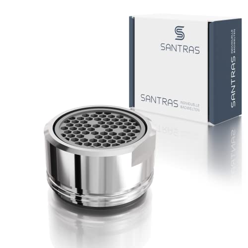 SANTRAS® Strahlregler M24 x 1 für jeden herkömmlichen Wasserhahn mit Siebeinsatz in Chrom – Mischdüse (Außengewinde 24 mm) mit Filtereinsatz, hochwertiger Dichtung und Luftmixer MADE IN GERMANY
