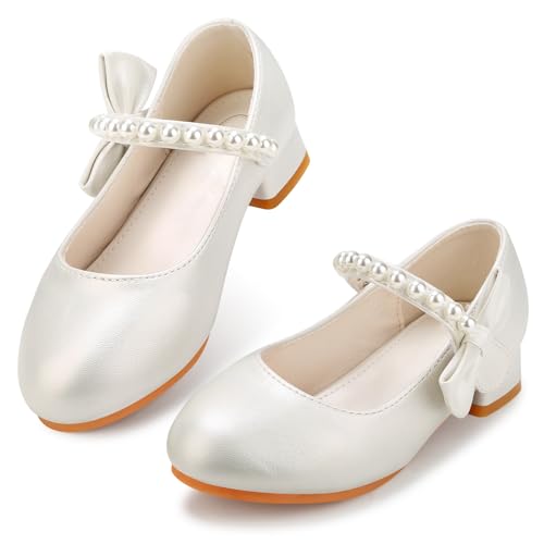 Qimaoo Girls White Dress Shoes Mary Jane Low Heel Flower Girl Shoes for Wedding with Pearls - 3 Big Kid