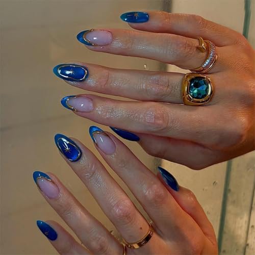 Image of Blue Nail Press ons Star Fake Nails with Gold Line Design Glitter Glue on Nails French Tip Stick on Nails Glossy Artificial Acrylic Medium Almond False Nails for Women Girls Shiny Manicure 24Pcs
