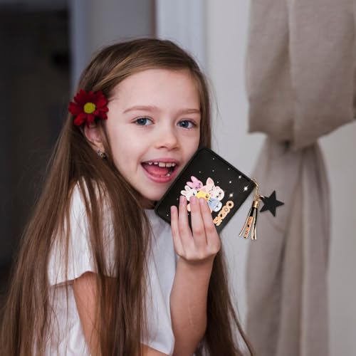 Stray Schwarz Mädchen Geldbeutel für Stay, Stray PU Leder Portmonee mit Reißverschluss und Stern Anhänger, Skzoo Kinder Portemonnaie mit 1 SKZ 3D Aufkleber und 2 SKZ Photocard