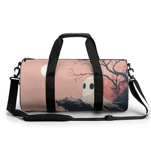 Cute Ghost Travel Gym Bag for Women Men Retro Minimalistic Cylindrical Duffle Bag Sport Workout Bag with Shoulder Strap