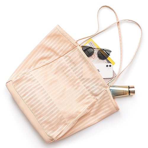 Zingtto Large Mesh Beach Tote Bag Shoulder Bag Handbag for Women with Zippered Pockets Foldable Pool Beach Toys Bag