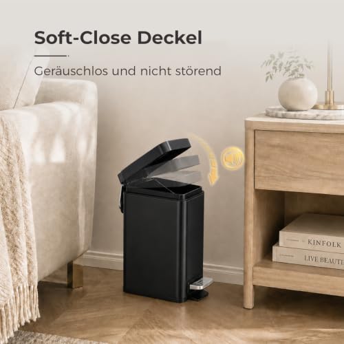 Image of Sineng Bathroom Trash Can with Lid Soft Close, 1.6 Gallon Stainless Steel Small Pedal Garbage Can with Removable Inner Bucket, Waste Bin for Kitchen Bedroom, Compact Toilet Trash bin, Black