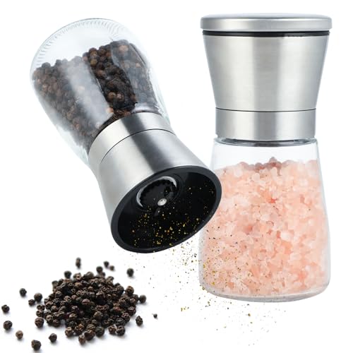 2 piezas salero y pimentero molinillo -Especias Molinillo- Molinillo de Sal y Pimienta-Molinillo Núcleo de Cerámica con Soporte de Haya- Desmontable, apto para lavavajillas
