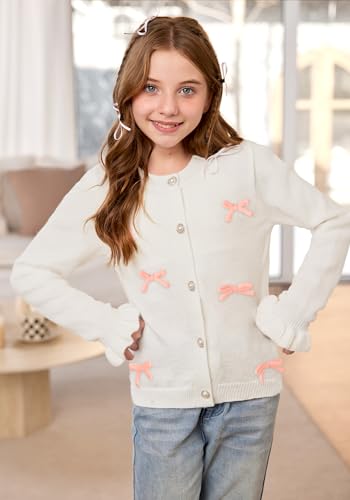 Big Girl's Winter Button Down Long Ruffle Sleeve Knitted 3D Bow Sweater Cute Back to School Cardigan White 12 Years3