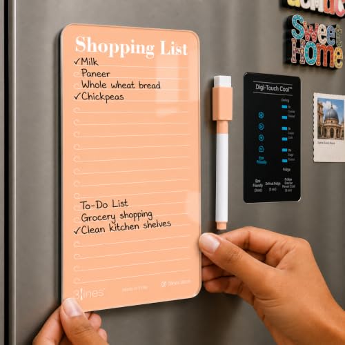 Image of 3 Lines Acrylic Magnetic Shopping List Notepad for Fridge │ To-Do List & Meal Planner │ Dry Erase Marker Included │ Kitchen Organisation │ 12 x 24 cm | Peach color | Large