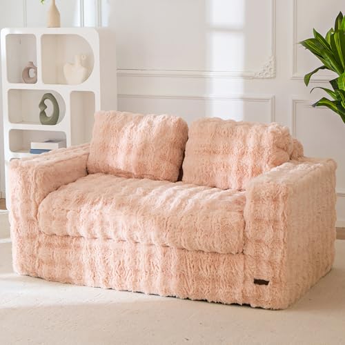 Image of MAXYOYO Loveseat Sofa Couch, Upholstered Bean Bag Chair Cloud Seat for Adults, Boneless Couch with Cushion & Pillows, Sofa in A Box, No Assembly Required, Bubble Pink, 2-Seat