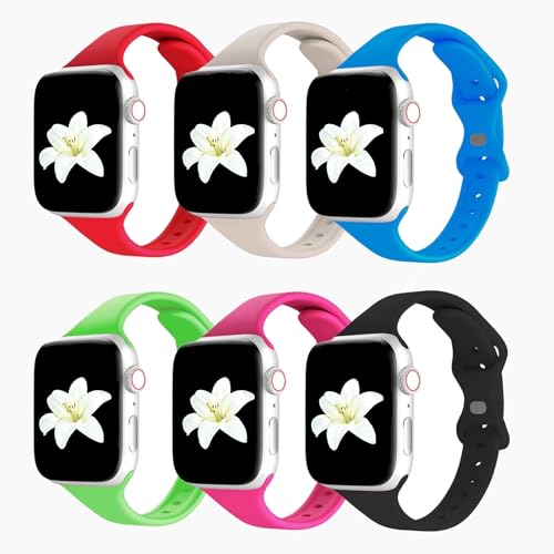 6 Pack Bands Compatible with Apple Watch 42mm 44mm 45mm 49mm, Slim Thin Narrow Replacement Soft Silicone Sport Strap for iWatch Series Ultra 9/8/7/6/5/4/3/2/1 SE Women Men