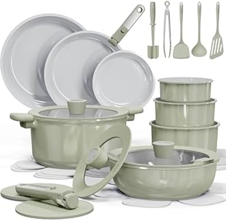 CAROTE 27pcs Ceramic Cookware Set Nonstick, Pots and Pans Set Non Stick, Non Toxic Cookware Detachable Handles, Dishwasher/Oven Safe, RV/Camping Cookware, Pan and Pot with Kitchen Utensils, Green