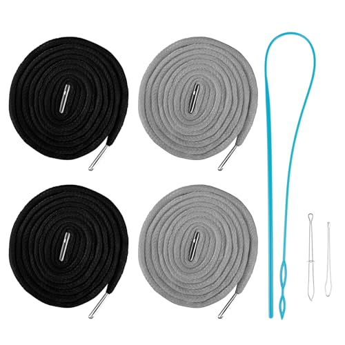 4Pcs Replacement Drawstring Cord for Pants,50Inch Round Cotton Drawstring for Hoodies/Sweatpants/Sweaters/Jogging Bottoms/Sports Trousers (Black/Grey)