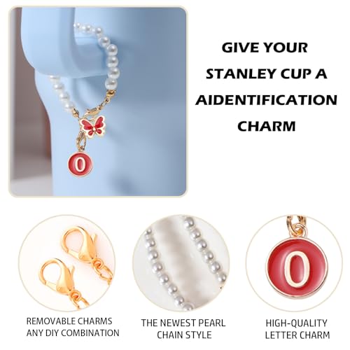 Image of Accessories for Stanley Cup Pearl Chain Initial Accessoriess for Handle Stuff Decor Water Bottle Jewelry Tumbler Cute Simple Modern Personalized Name ID Decorations Letter Red Tag O