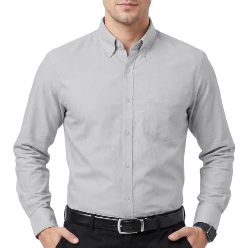 Image of Cotton King Mens 100% Cotton Oxford Shirt Long Sleeve Dress Shirts for Men Button Down Work Casual Shirt with Pocket - Grey - (XL)