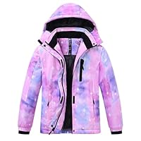 MoFiz Girl's Waterproof Ski Jacket Hooded Winter Coats Outdoor Snowproof Warm Windproof Jackets for School Walking Hiking Star Pink-purple Size M