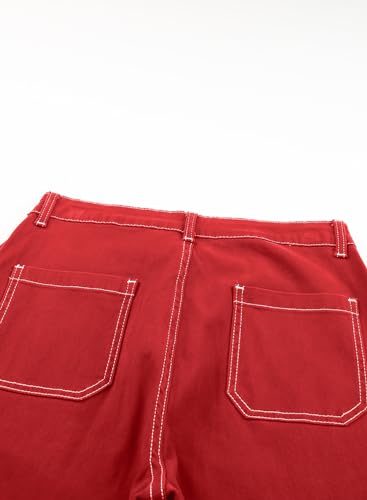Sidefeel Women Wide Leg Cargo Jeans High Waisted Jeans for Women Stretch Cargo Denim Pants Size 6 Red