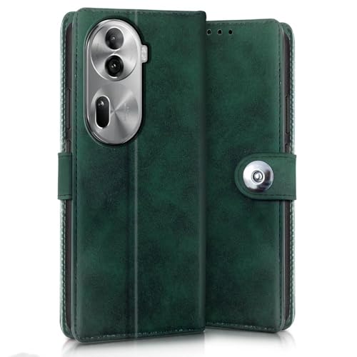 Image of WOW IMAGINE Shock Proof Flip Cover Back Case for Oppo Reno 11 Pro 5G (Magnetic Button Flip Case | Wallet Pockets & Stand | Leather Finish | Forest Green)