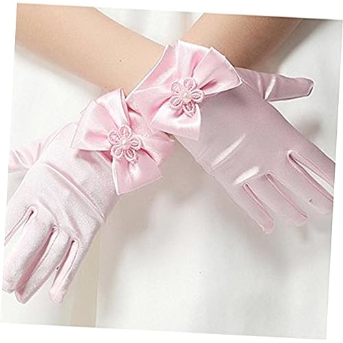 PartyKindom Flower Girl Lace Gloves Pink Short Wrist Mesh Bowknot Design Full Finger for Wedding Baptism Prom Party Pageant3