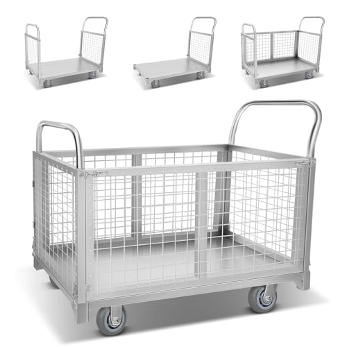 DEFNES 1800LBS Platform Truck Cart with Cage,4-in-1 Heavy Duty Push Cart Dolly with Swivel Casters for Grocery, Laundry,Stall(40