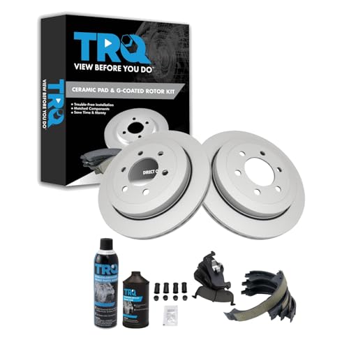 Image of TRQ Rear Brake Pad & Rotor Kit, with Chemical Kit Parking Brake Shoe Set Ceramic Premium G-Coated Compatible with 2007-2017 Ford Expedition Lincoln Navigator