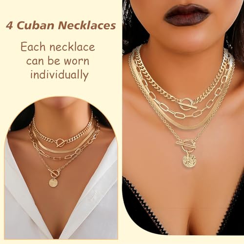 Lilbitty 4er Pack Damen-Halsketten, Schmuck Gold Ketten Set mit Edelstahl, Cuban Chain, Choker und Herringbone, Schichtbar & Elegant für Jeden Anlass