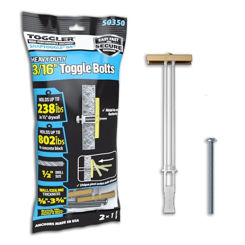 Image of TOGGLER SNAPTOGGLE Heavy-Duty Drywall Toggle Bolt - 3 /16 inch-24 UNC Zinc-Plated Anchor for Hollow Walls, Plaster & Tile - Holds 238 lbs in 1 /2 inch Drywall, Easy Install - 2 Pack (with Bolts)