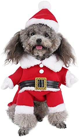 Mogoko Dog Cat Christmas Santa Claus Costume, Funny Pet Cosplay Outfits with a Cap, Puppy Fleece Warm Apparel Clothes for Xmas (L Size)