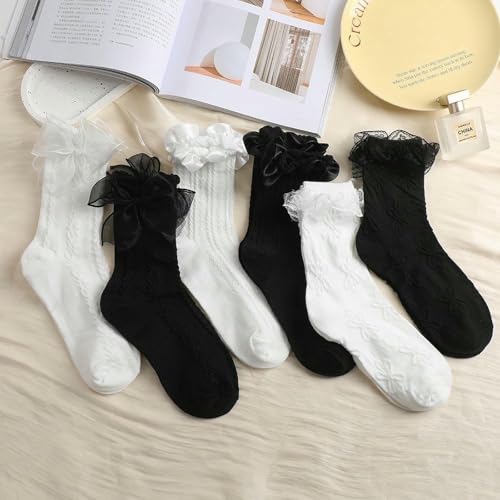 Calcetines de invierno mujer tubo medio encaje pack 6 lazo dulce moda infantil femenina cómoda 8