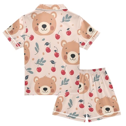 ALAZA Cartoon Bear Cherry Pajamas Satin Pajama Set Short Sleeve Button Down Sleepwear2