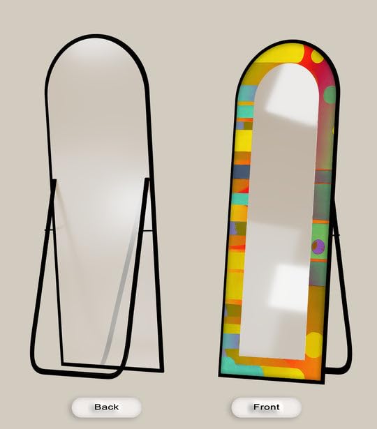 Specchio da pavimento a forma di cerchio astratto e strisce, lunghezza completa, specchio ad arco a tutta lunghezza, specchio da pavimento con cornice nera e cornice nera