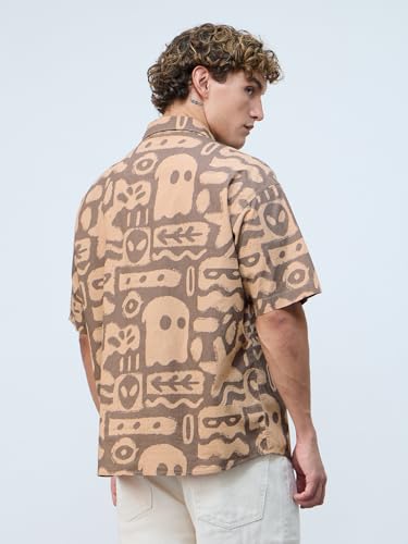 Image of The Souled Store Oversized Shirt: Marine Men and Boys Short Sleeves Collared Neck Button Front Brown All Over Printed Cotton Oversized Shirts