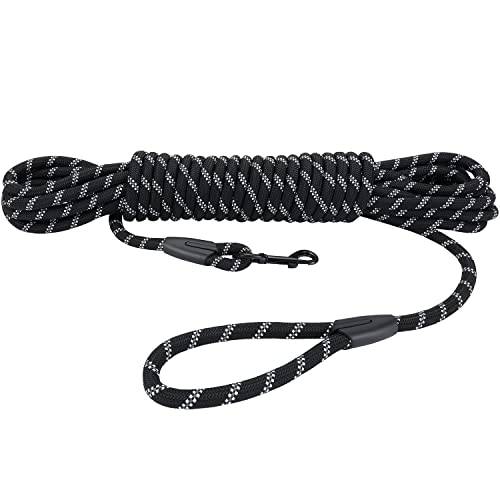 Image of Long Dog Leash for Training 30Ft-Reflective Nylon Rope with Swivel Hook-Recall Agility Lead for Large Small Medium Dogs Outside Walking Hiking-Black Diam 1 /2 inch