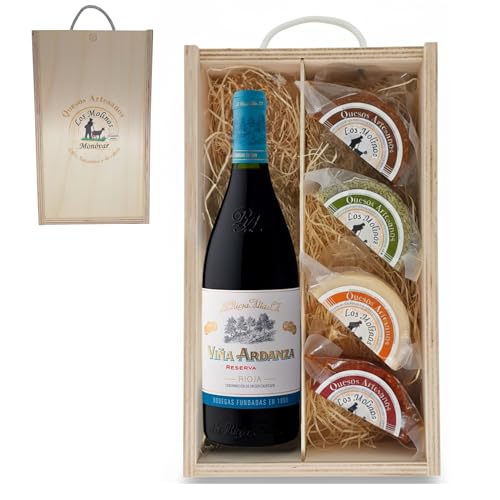 Estuche Gourmet 4 Quesos Artesanos de Leche Cabra con Botella Vino Tinto Viña Ardanza | Caja de Madera | Queso Semicurado, Romero, Pimentón y Curado | Regalo Gastronómico | Ganadería Propia