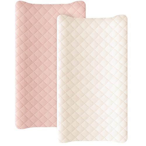 Image of Konssy Waterproof Muslin Changing Pad Cover 2 Pack, Quilted Cotton Fitted Diaper Chang Table Cover, Soft Changing Pad Sheets for Girls Boys (Pink, Cream)