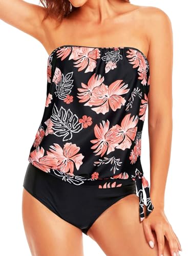 Yutdeng Set di Costume da Bagno Donna 2 Pezzi Tankini Beachwear Costumi Mare Larghi con Slip Swimsuit Spallacci Rimovibili e Regolabili Estivi Spiaggia Piscina,Rosa,S