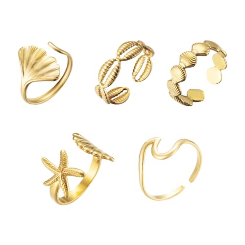 Yuoos 5PCS Gold Seashell Rings for Women Beach Surfer Starfish 18k Gold Dainty Seashell Wave...