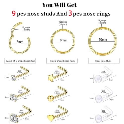 12PCS Hypoallergenic 14K Gold Plated 18G Nose Rings Studs Set for Women Men:3Pcs nose rings & 6Pcs L Shaped Nose Studs & 3Pcs Clear Nose Studs Gold/Silver 316L Surgical Stainless Steel Nose Piercing Jewelry2