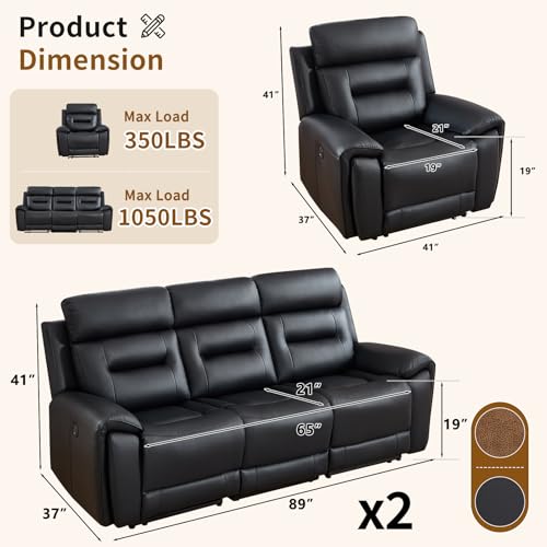 Image of ANJ 3-Piece Faux Leather Power Recliner Sofa Set with USB&Type-C Charging Ports, Include Single Large Recliner Chair and 2 3-Seater Reclining Couches for Living Room, Black