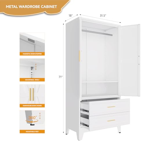 Image of Metal Wardrobe Closet, Armoire Wardrobe with Two Drawers Clothes Cabinet for Bedroom, 71 inch Tall Farmhouse Steel Armoire Closet with Drawers and 2 Doors Clothing Storage Cabinet with Hanging Rod