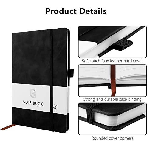 A5 Notebook, 2 Pack Notebook A5 200 Pages 100 GSM Journal Notebook Hardback Notepad with Bookmark, Pen Loop, and Elastic Closure (Black+Black) - Image 2