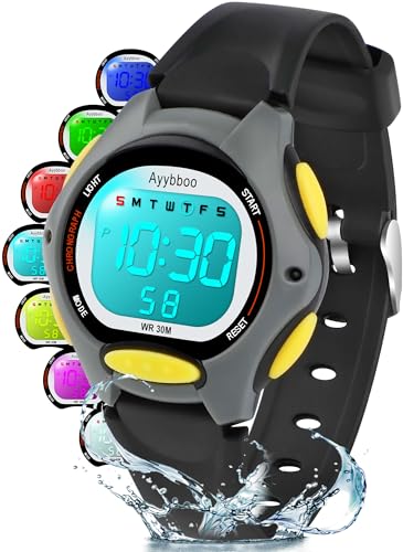 Ayybboo Reloj infantil, modelo de muestra (horas/semana), WR30M impertinente, máscaras de acero inoxidable, silicona también es adecuado para deportes al aire libre (negro), Negro