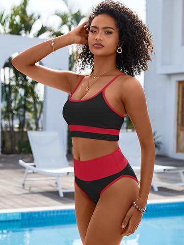 Image of ANRABESS Women's High Waisted Bikini Sets,Color Block 2 Piece Swimsuits,Tummy Control Bathing Suits,Thick Ribbed Beach Wear