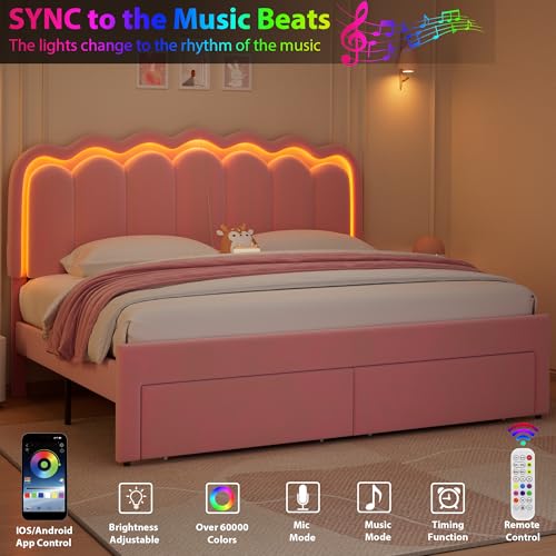 King Upholstered LED Bed Frame with 2 Storage Drawers and Adjustable Chic Double Wavy Headboard, Velvet Princess Platform Bed with Charing Station, Solid Wood Slats Support, No Box Spring Needed, Pink