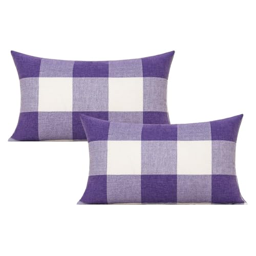 VAKADO 12x20 Set of 2 Purple Throw Pillow Covers Lumbar Buffalo Plaids Decorative Gingham Farmhouse Decor Outdoor Checkered Square Cushion Cases Home Decorations for Bedroom Couch Sofa Patio