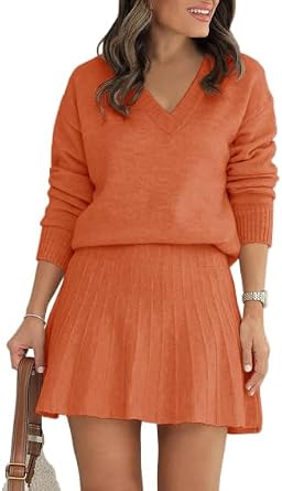 Womens 2 Piece Skirt Set Long Sleeve Fall Sweater Pleated Mini Skirt